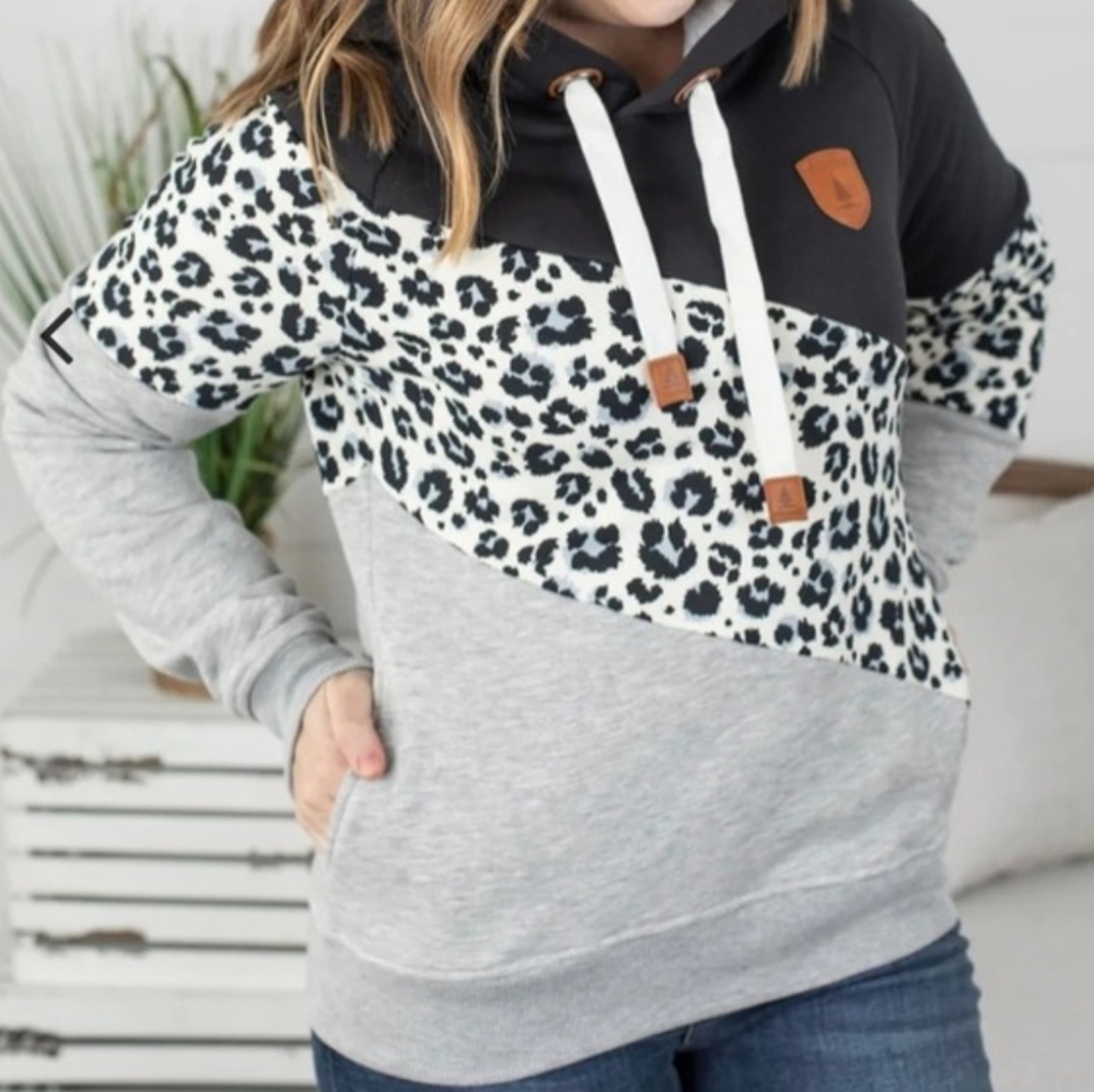Wanakome Black White Leopard Patchwork Hoodie with Gray